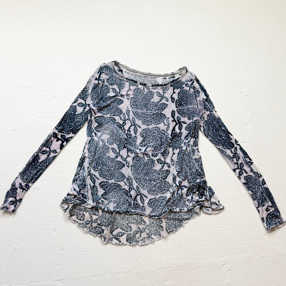 Blue Floral Stretch Knit Long Sleeve Top, Best Fits‎ Small-Medium